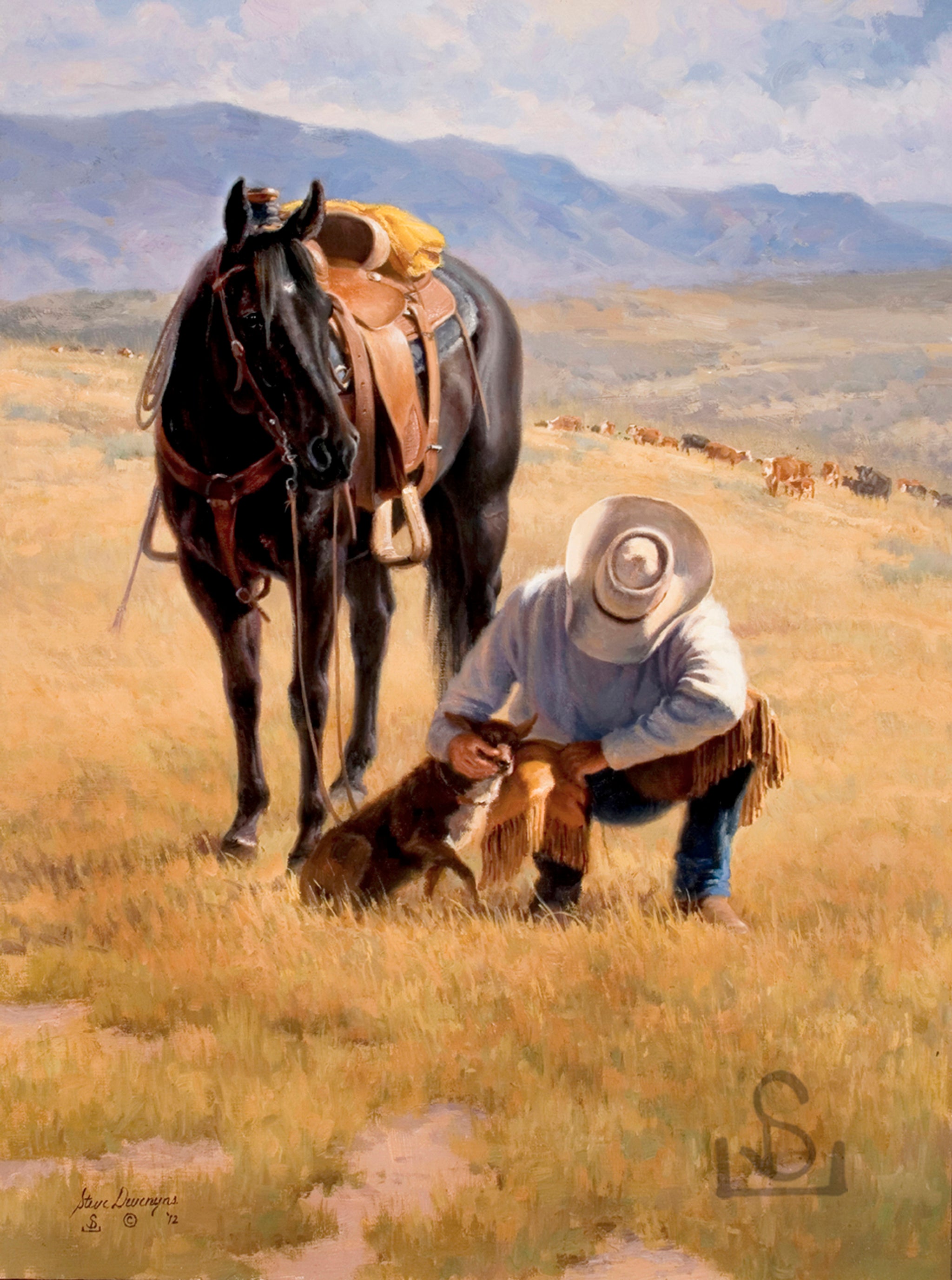 Western 2024 Watercolor Cowboy with Horse and Dog